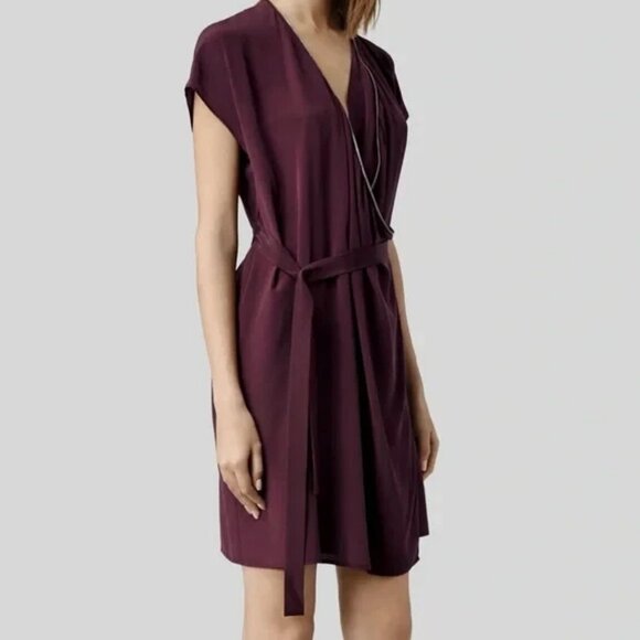 All Saints Burgundy 100% Silk Adria Zipper Dress Size 4 - Picture 2 of 7
